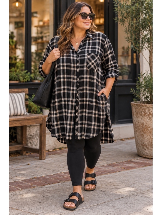 Dresses & Skirts - G. By Guliana Black and Beige Plaid Button-Up Shirt Dress with Pocket